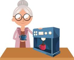 Granny haciendo café, ilustración, vector sobre fondo blanco.