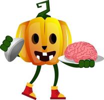 Pumpkin with brain, illustration, vector on white background.