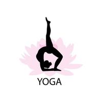 Yoga logo with woman in chakrasana pose in front of a lotus flower. Silhouette of yoga asana. Vector illustration