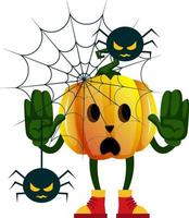 Pumpkin with spiders, illustration, vector on white background.