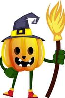 Pumpkin with broom, illustration, vector on white background.