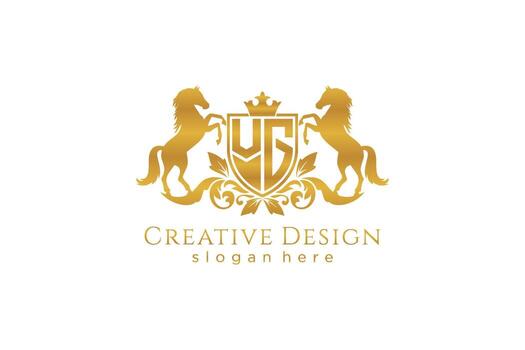 initial VG Retro golden crest with shield and two horses, badge template with scrolls and royal crown - perfect for luxurious branding projects vector