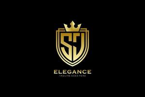 initial SJ elegant luxury monogram logo or badge template with scrolls and royal crown - perfect for luxurious branding projects vector