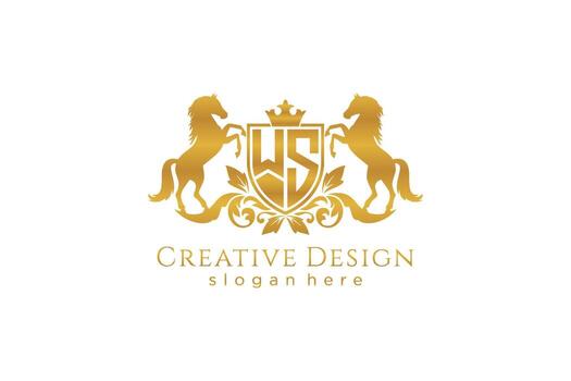 initial WS Retro golden crest with shield and two horses, badge template with scrolls and royal crown - perfect for luxurious branding projects vector