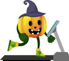 Pumpkin on treadmill, illustration, vector on white background.
