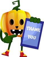 Pumpkin with thank you note, illustration, vector on white background.
