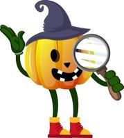 Pumpkin with magnifying glass, illustration, vector on white background.