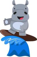 Hippo surfing, illustration, vector on white background.