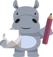 Hippo with envelope and pen, illustration, vector on white background.