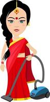 Indian woman with vacuum cleaner , illustration, vector on white background.