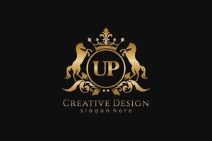 initial UP golden crest with circle and two horses, badge template with scrolls and royal crown - perfect for luxurious branding projects vector