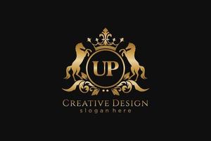 initial UP golden crest with circle and two horses, badge template with scrolls and royal crown - perfect for luxurious branding projects vector