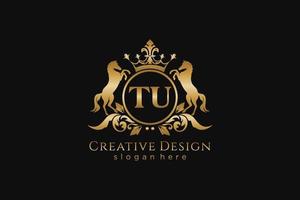 initial TU Retro golden crest with circle and two horses, badge template with scrolls and royal crown - perfect for luxurious branding projects vector