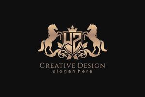 initial WZ Retro golden crest with shield and two horses, badge template with scrolls and royal crown - perfect for luxurious branding projects vector