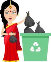 Indian woman taking trash out , illustration, vector on white background.