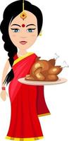 mujer india con pollo, ilustración, vector sobre fondo blanco.