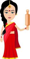 Indian woman with rolling pin, illustration, vector on white background.