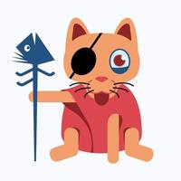 Witch cat wear eyepatch and red dressed holding fishbone satff. vector