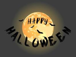 Happy Halloween lettering with flying bats and yellow full moon. vector