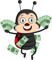 Lady bug with money, illustration, vector on white background.