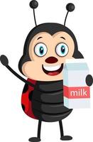 Lady bug with milk, illustration, vector on white background.