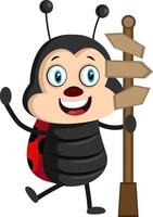 Lady bug with road sign, illustration, vector on white background.