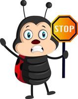 Lady bug with stop sign, illustration, vector on white background.
