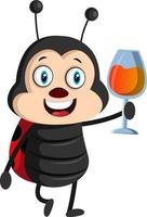 Lady bug with wine, illustration, vector on white background.