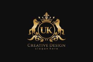 initial UK Retro golden crest with circle and two horses, badge template with scrolls and royal crown - perfect for luxurious branding projects vector