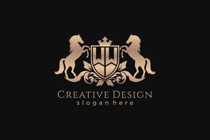 initial WW Retro golden crest with shield and two horses, badge template with scrolls and royal crown - perfect for luxurious branding projects vector