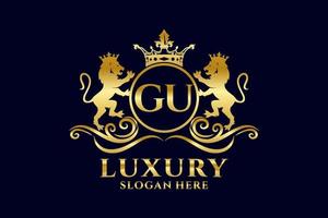 Initial GU Letter Lion Royal Luxury Logo template in vector art for luxurious branding projects and other vector illustration.