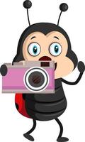 Lady bug with camera, illustration, vector on white background.