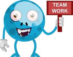 Blue monster with team work sign, illustration, vector on white background.