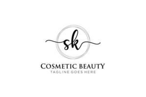 initial SK Feminine logo beauty monogram and elegant logo design, handwriting logo of initial signature, wedding, fashion, floral and botanical with creative template. vector