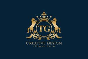 initial TG Retro golden crest with circle and two horses, badge template with scrolls and royal crown - perfect for luxurious branding projects vector