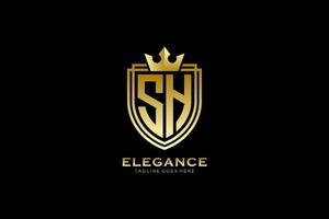 initial SH elegant luxury monogram logo or badge template with scrolls and royal crown - perfect for luxurious branding projects vector