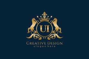 initial UI Retro golden crest with circle and two horses, badge template with scrolls and royal crown - perfect for luxurious branding projects vector