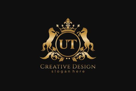 initial UT Retro golden crest with circle and two horses, badge template with scrolls and royal crown - perfect for luxurious branding projects vector