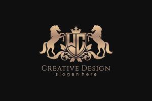 initial WC Retro golden crest with shield and two horses, badge template with scrolls and royal crown - perfect for luxurious branding projects vector