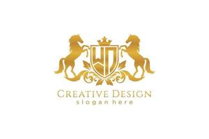 initial WN Retro golden crest with shield and two horses, badge template with scrolls and royal crown - perfect for luxurious branding projects vector