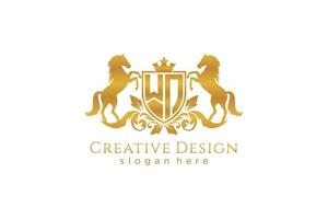 initial WN Retro golden crest with shield and two horses, badge template with scrolls and royal crown - perfect for luxurious branding projects vector