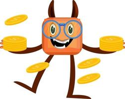 Monster with coins, illustration, vector on white background.