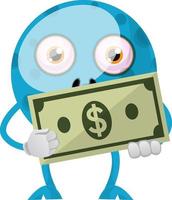 Monstruo azul con dinero, ilustración, vector sobre fondo blanco.