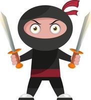 Ninja con dos espadas, ilustración, vector sobre fondo blanco.