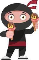 Ninja con helado, ilustración, vector sobre fondo blanco.