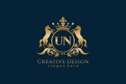 initial UN Retro golden crest with circle and two horses, badge template with scrolls and royal crown - perfect for luxurious branding projects vector
