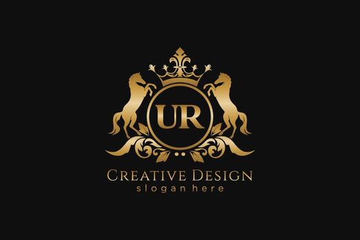 initial UR Retro golden crest with circle and two horses, badge template with scrolls and royal crown - perfect for luxurious branding projects vector