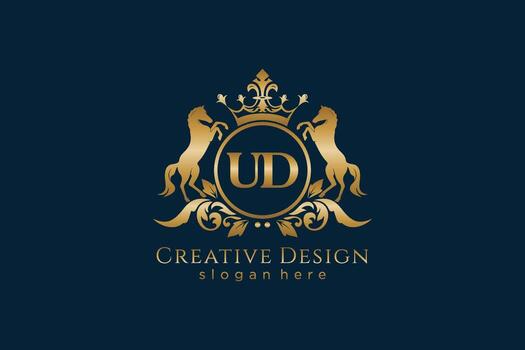 initial UD Retro golden crest with circle and two horses, badge template with scrolls and royal crown - perfect for luxurious branding projects vector