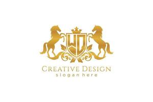 initial WQ Retro golden crest with shield and two horses, badge template with scrolls and royal crown - perfect for luxurious branding projects vector