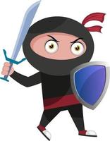 Ninja with shield, illustration, vector on white background.